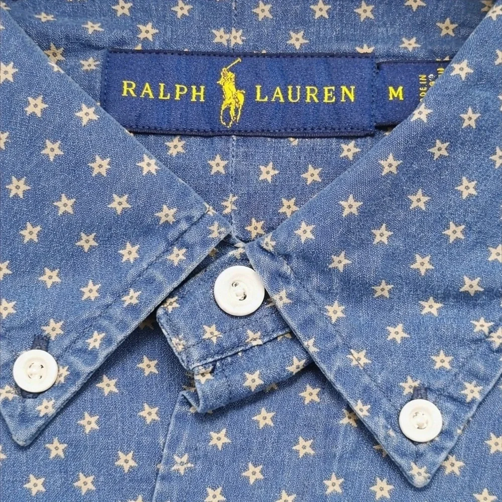 Polo Ralph Lauren OVER‎ STAR Blue Shirt Short Sleeve Button M Camp Oxford Polo